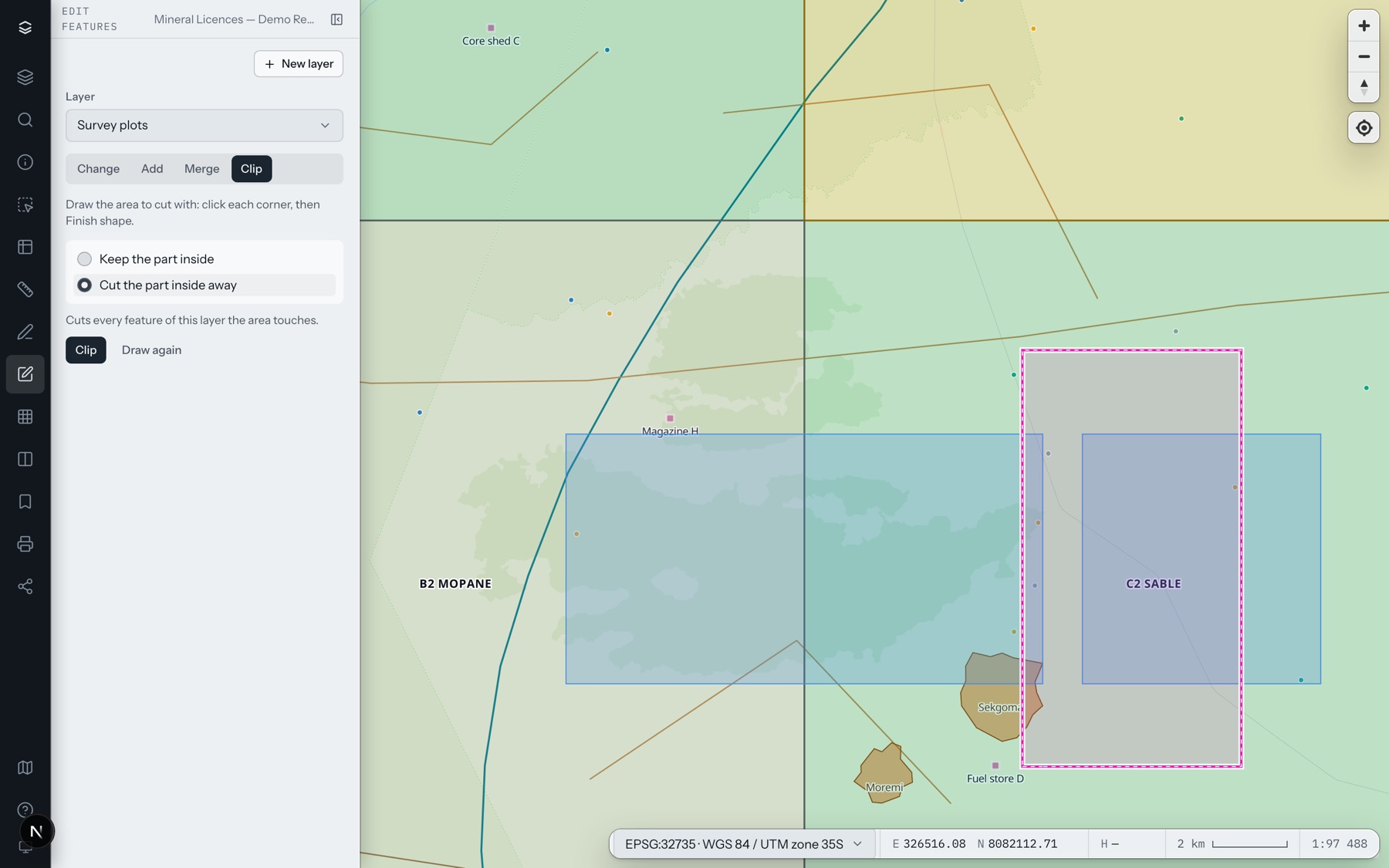 An area drawn across two plots, to cut the part inside away